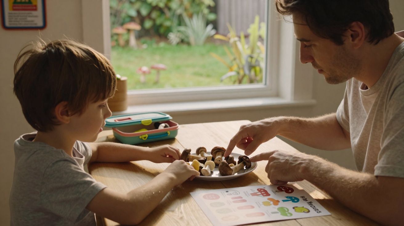Pai e filho sentados à mesa a manusear cogumelos e a realizar atividade educativa juntos.