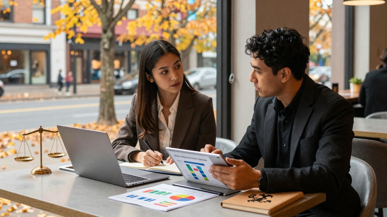 Duas pessoas em fato discutem gráficos e dados numa mesa de escritório junto a uma janela com vista para rua outonal.