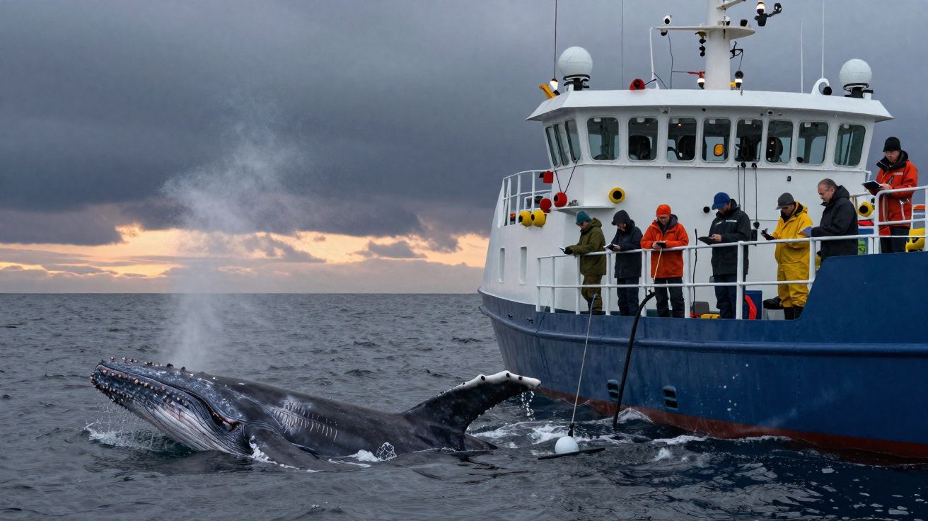 Baleia a nadar perto de um barco com várias pessoas de casacos coloridos num mar sob céu nublado ao pôr do sol.
