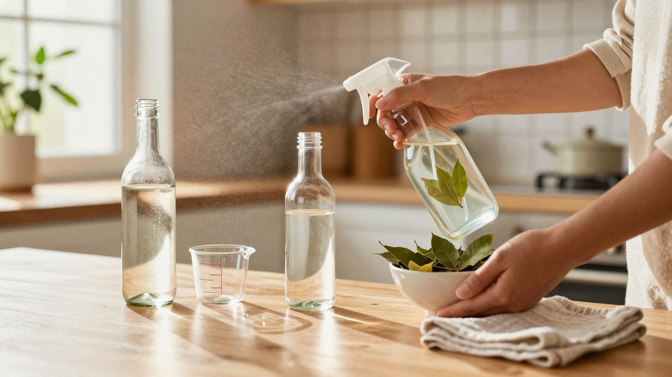Pessoa borrifando água com folhas numa garrafa de spray numa bancada de cozinha iluminada.