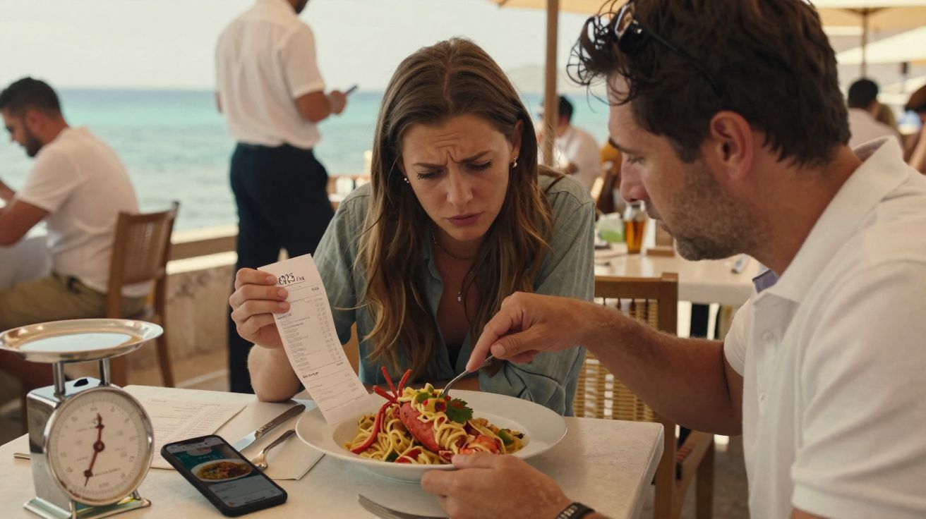 Casal num restaurante à beira-mar, mulher com expressão preocupada a olhar para a conta enquanto homem aponta para prato de m