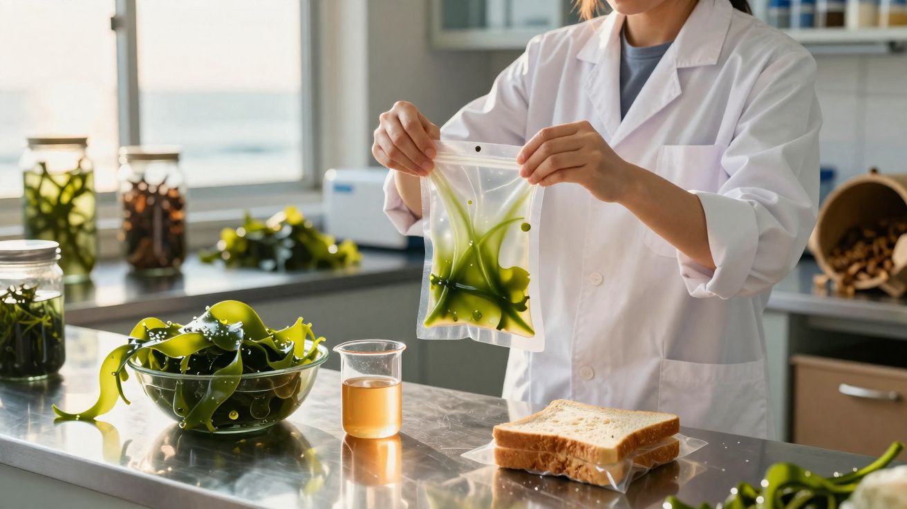 Pessoa em bata branca segura saco plástico com algas verdes, com mesa e ingredientes ao fundo.