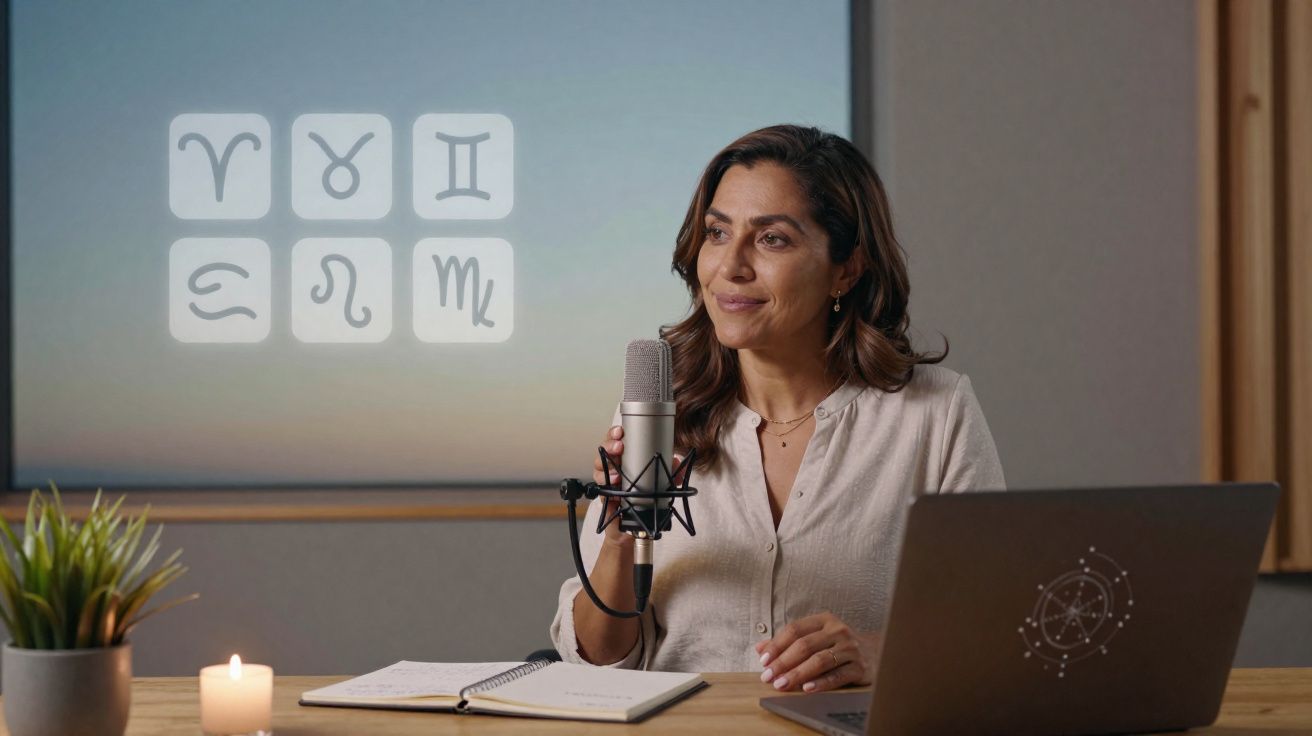 Mulher a falar num microfone, com símbolos astrológicos no ecrã e laptop à sua frente numa mesa com vela e planta.