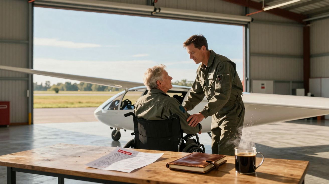Homem em fato de piloto consola homem idoso em cadeira de rodas numa hangar junto a avião desportivo.
