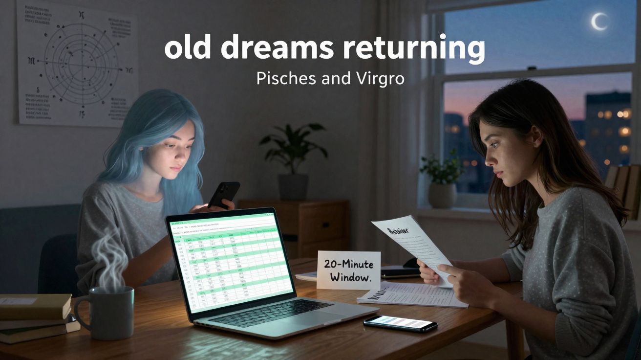 Duas mulheres trabalhadoras sentadas à mesa à noite com laptop, papelada e telefone, debaixo da lua crescente.