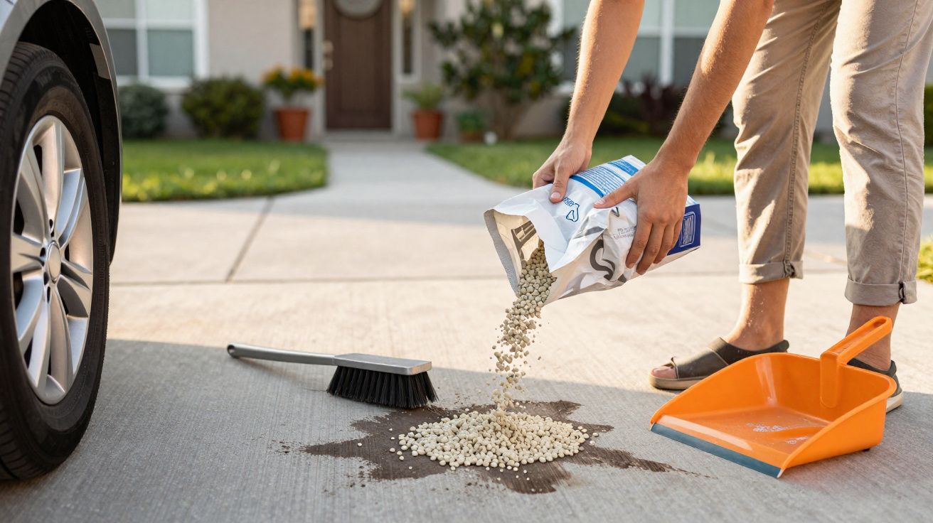 Pessoa a deitar sal grosso para absorver óleo derramado no chão de cimento junto a escova e pá.