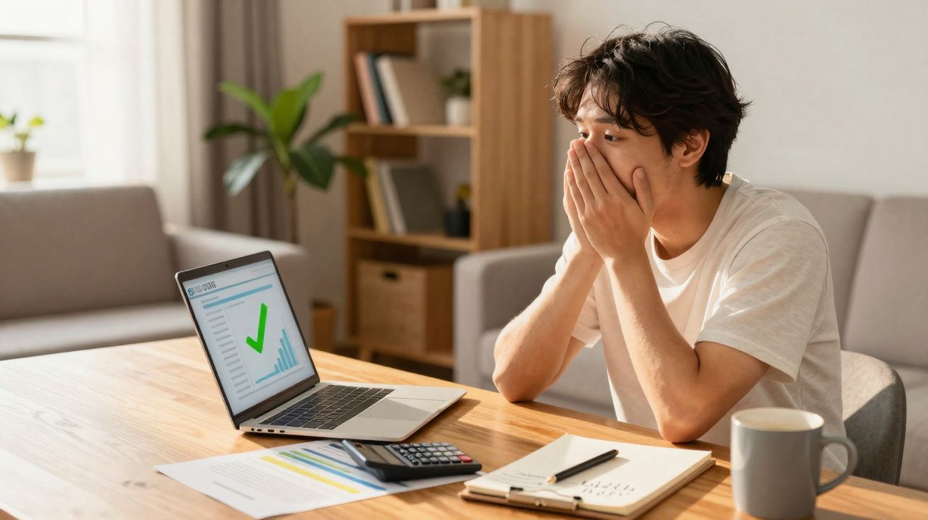 Jovem sentado à mesa surpreendido ao olhar para resultado positivo num computador portátil.