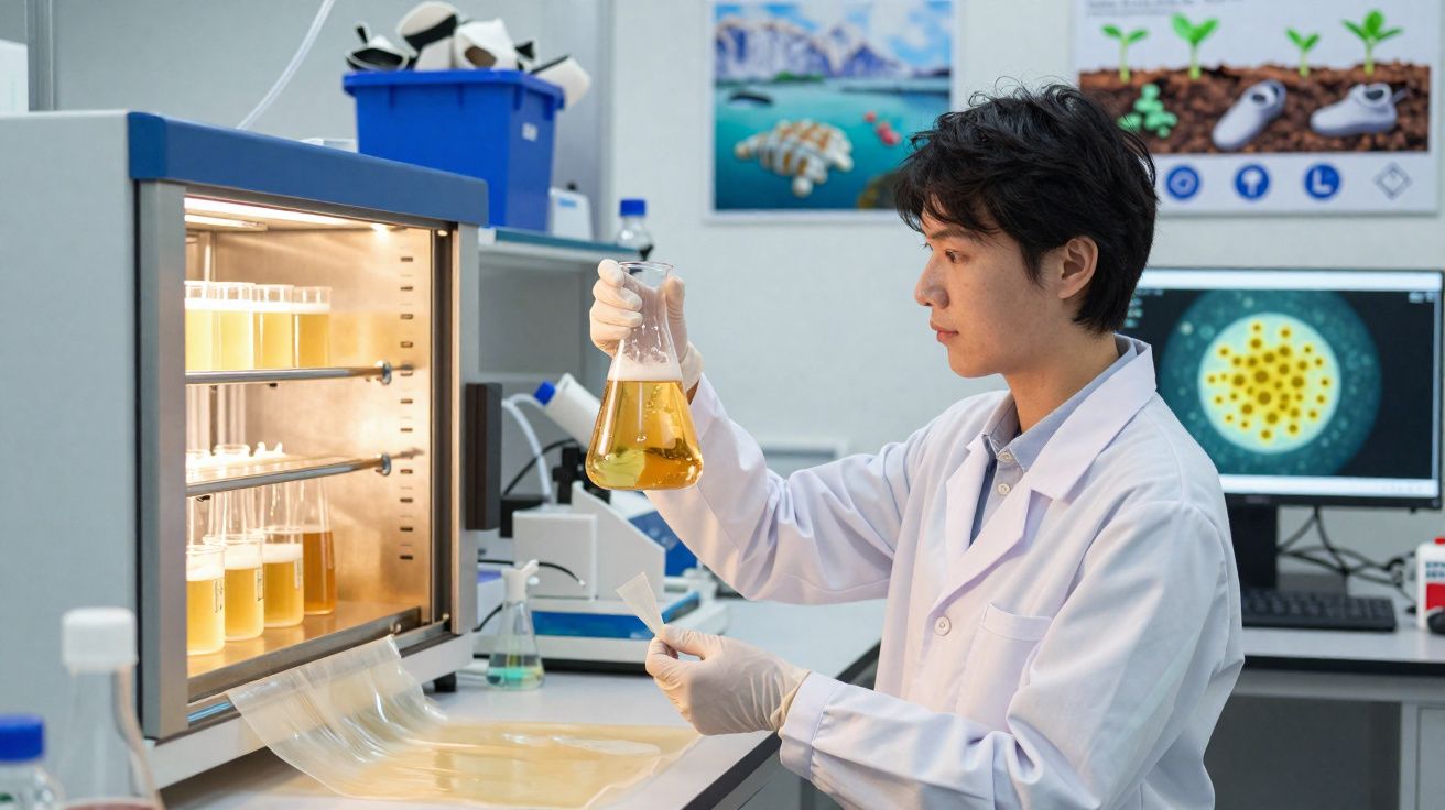 Cientista em laboratório a analisar líquido amarelo em erlenmeyer com equipamentos e monitor ao fundo.