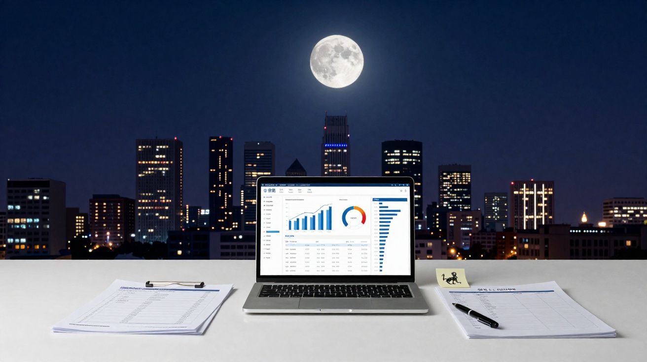 Mesa de escritório com computador portátil a mostrar gráficos e documentos, cidade iluminada e lua cheia no céu noturno.