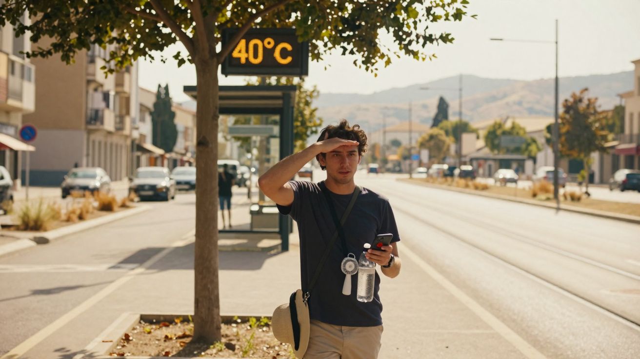 Homem caminha numa rua sob o sol intenso, protegendo os olhos, com termómetro a marcar 40°C ao fundo.