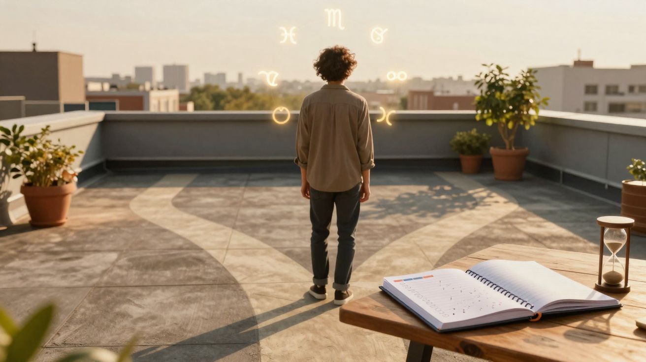 Pessoa de costas a observar símbolos do zodíaco suspensos no ar numa cobertura ao pôr do sol.