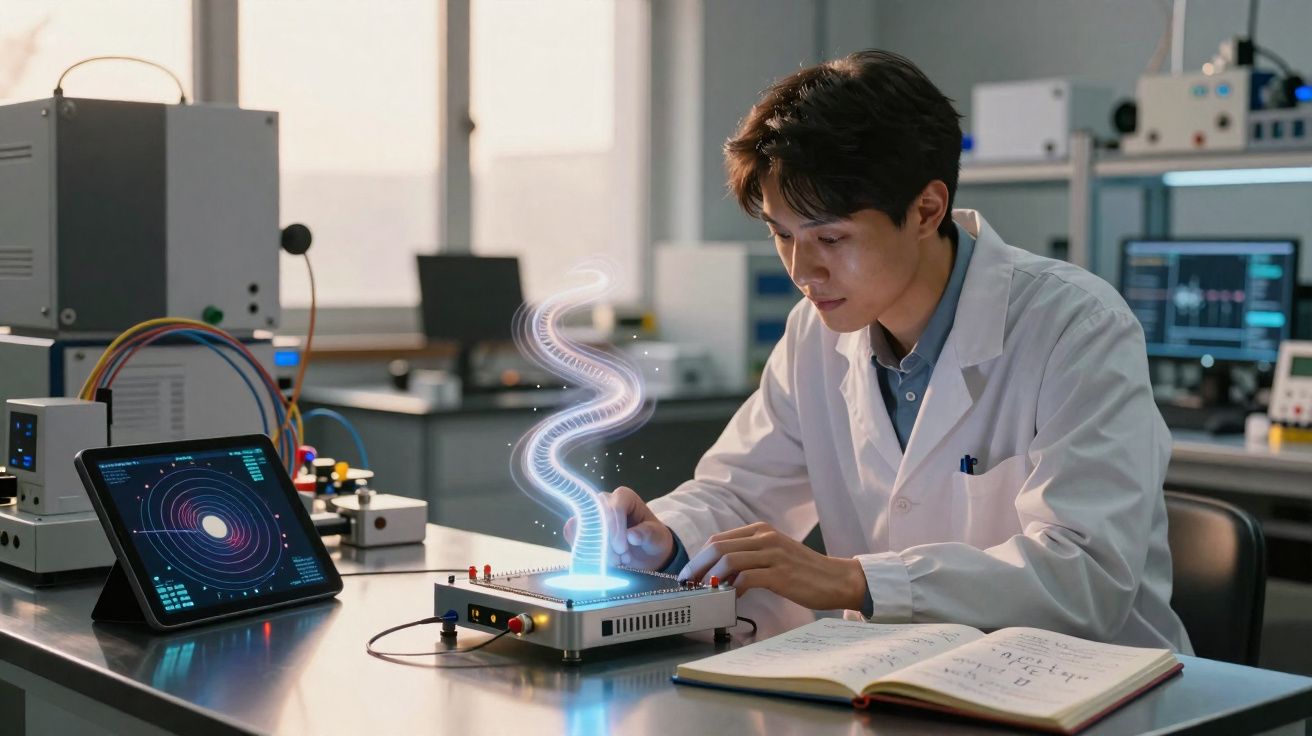 Cientista em laboratório com equipamento a projetar holograma azul em espiral, estudando dados num tablet.