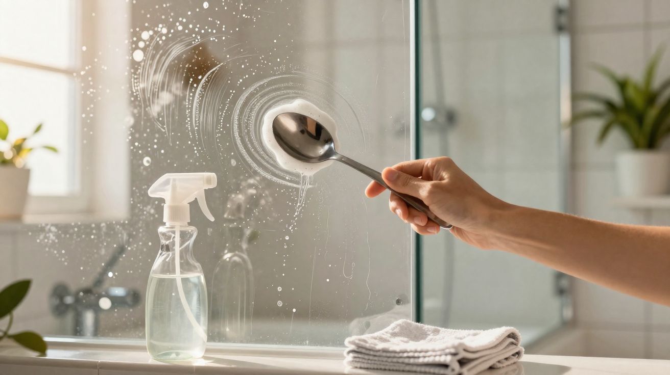 Mão a limpar espelho com colher, spray de limpeza e panos num ambiente de casa de banho iluminado.