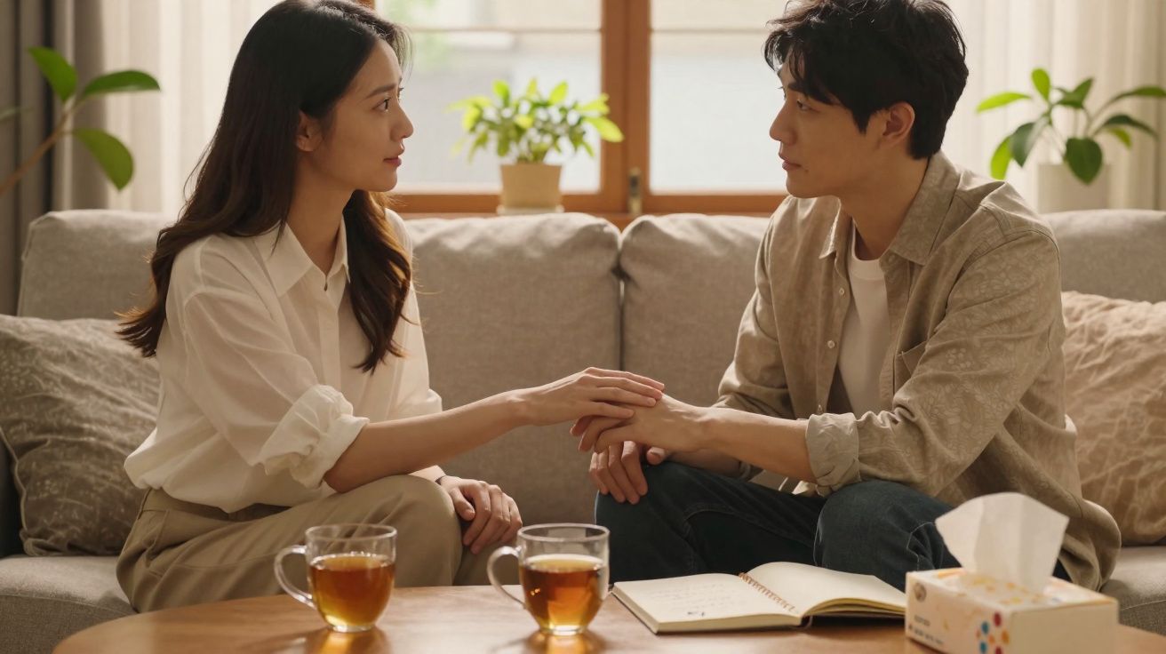 Casal sentado no sofá a conversar e a segurar nas mãos, com chá e caderno numa mesa à frente.