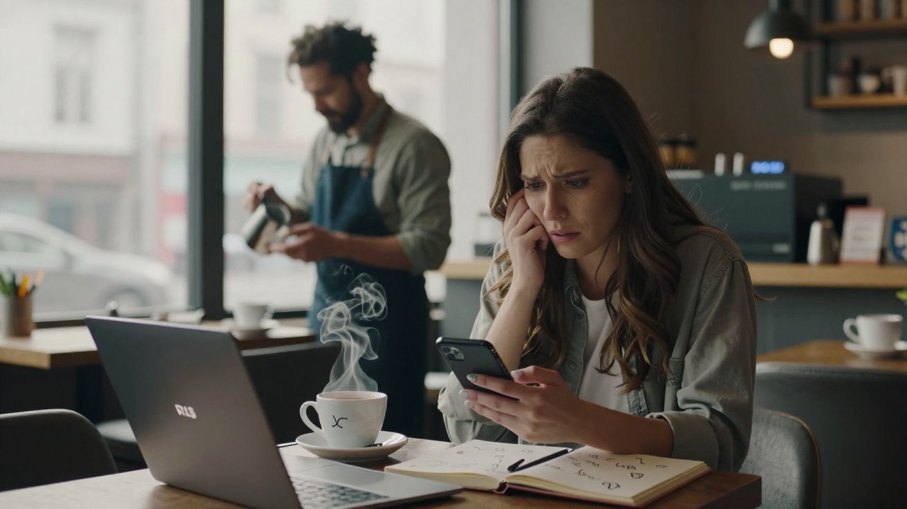 Mulher preocupada consulta telemóvel sentada numa cafetaria, com laptop e chá fumegante à frente.