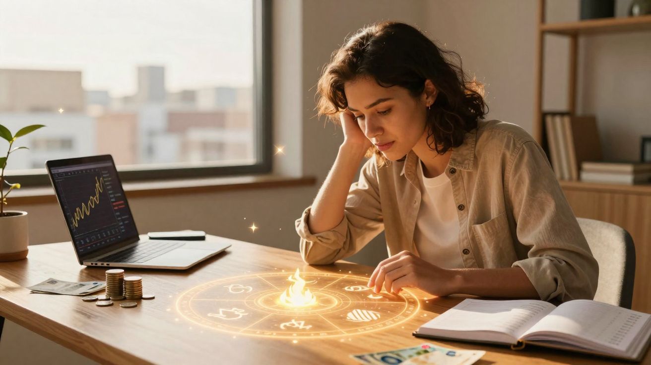 Mulher sentada a analisar símbolos astrológicos brilhantes numa mesa com laptop e notas.