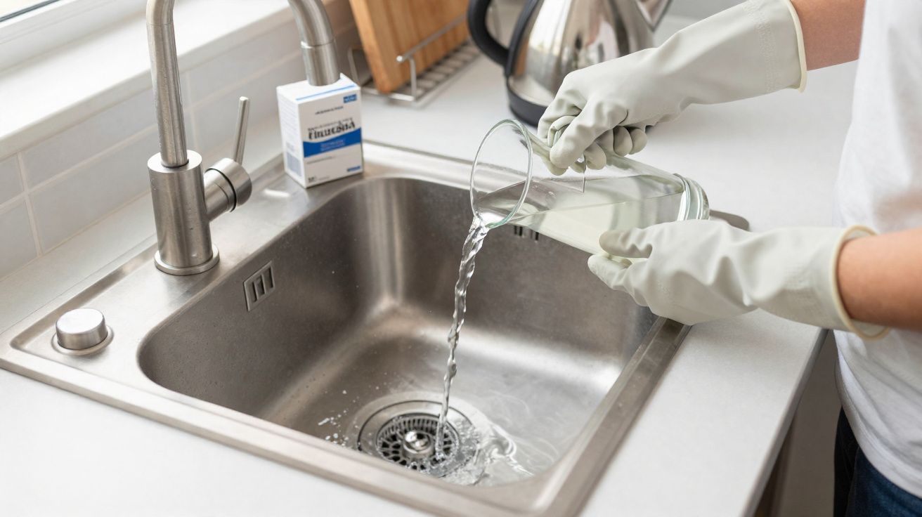 Pessoa de luvas a despejar água usada de um jarro na pia da cozinha.