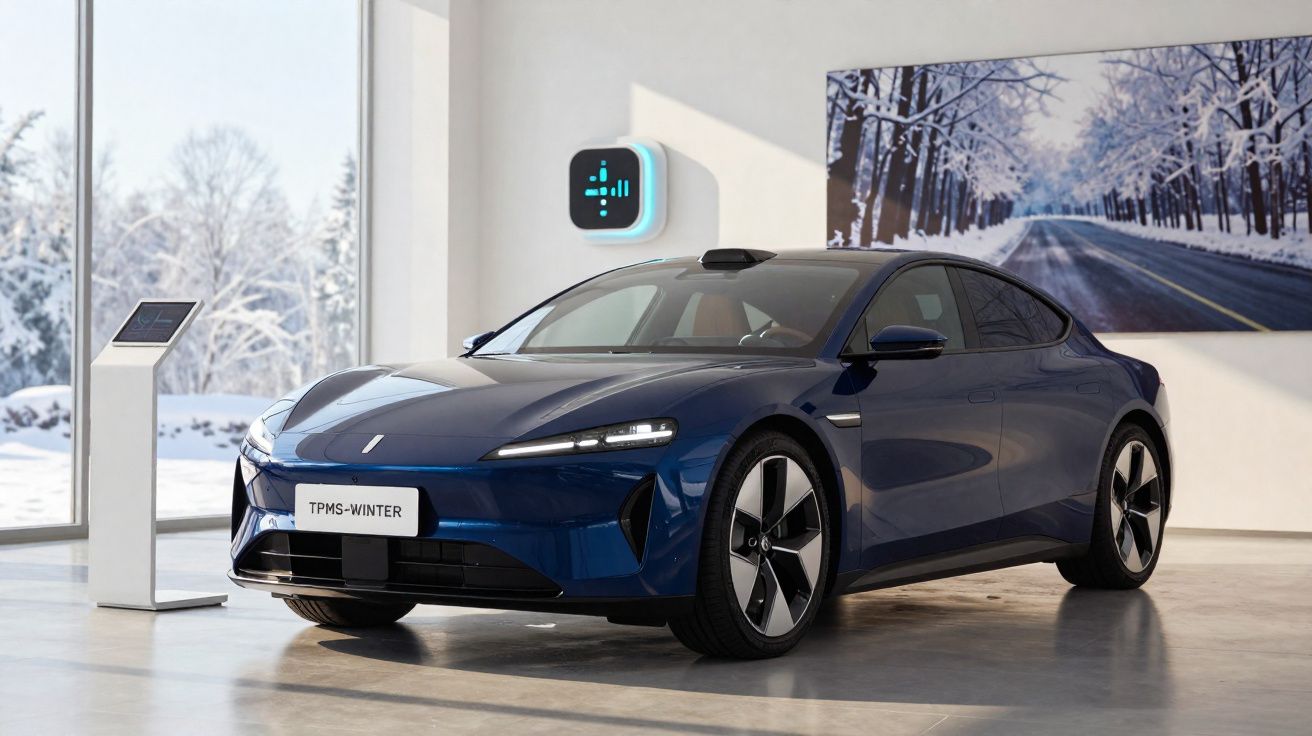 Carro elétrico azul exibido em showroom moderno com decoração de inverno na parede e carregador de parede.