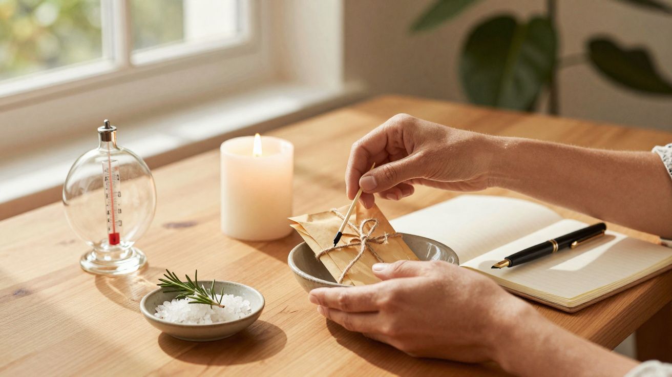 Mãos acendendo um palito a partir de uma carta embrulhada ao lado de vela, termómetro, sal e caderno numa mesa de madeira.