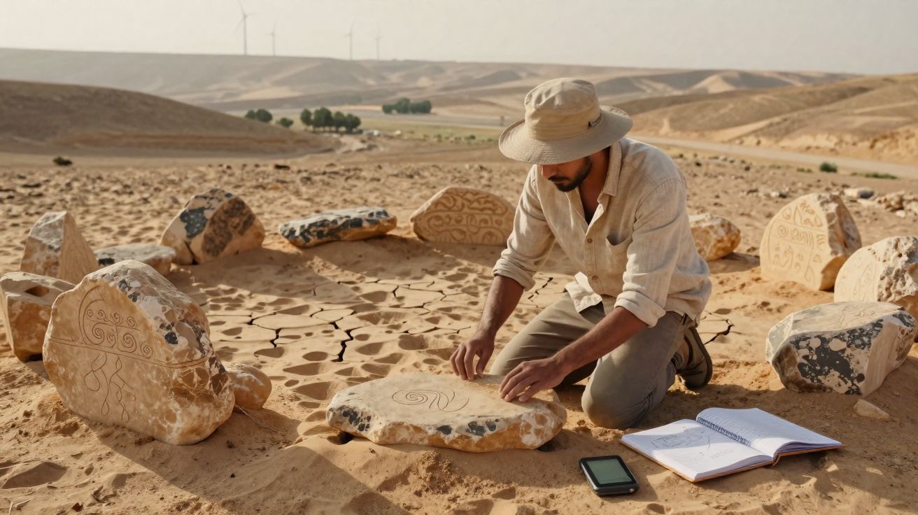 Arqueólogo a examinar pedras gravadas num sítio arqueológico desértico, com caderno aberto e dispositivo digital.