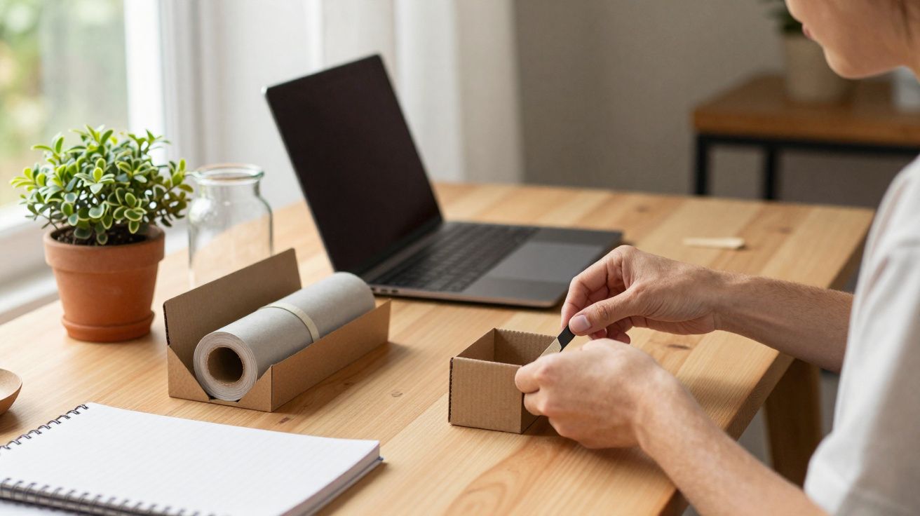 Pessoa a montar embalagem de cartão num escritório com computador portátil, bloco de notas e planta.