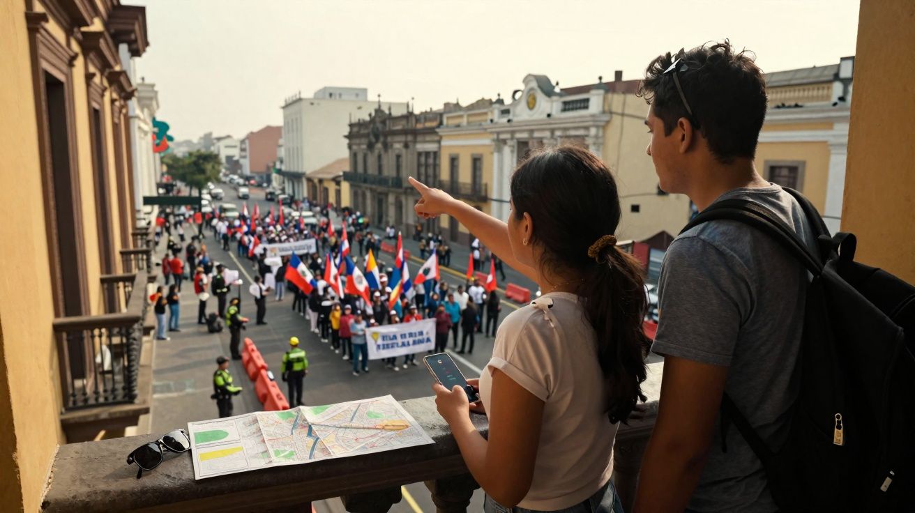 Casal observa protesto com bandeiras e faixa numa rua de cidade histórica, visto de varanda antiga.