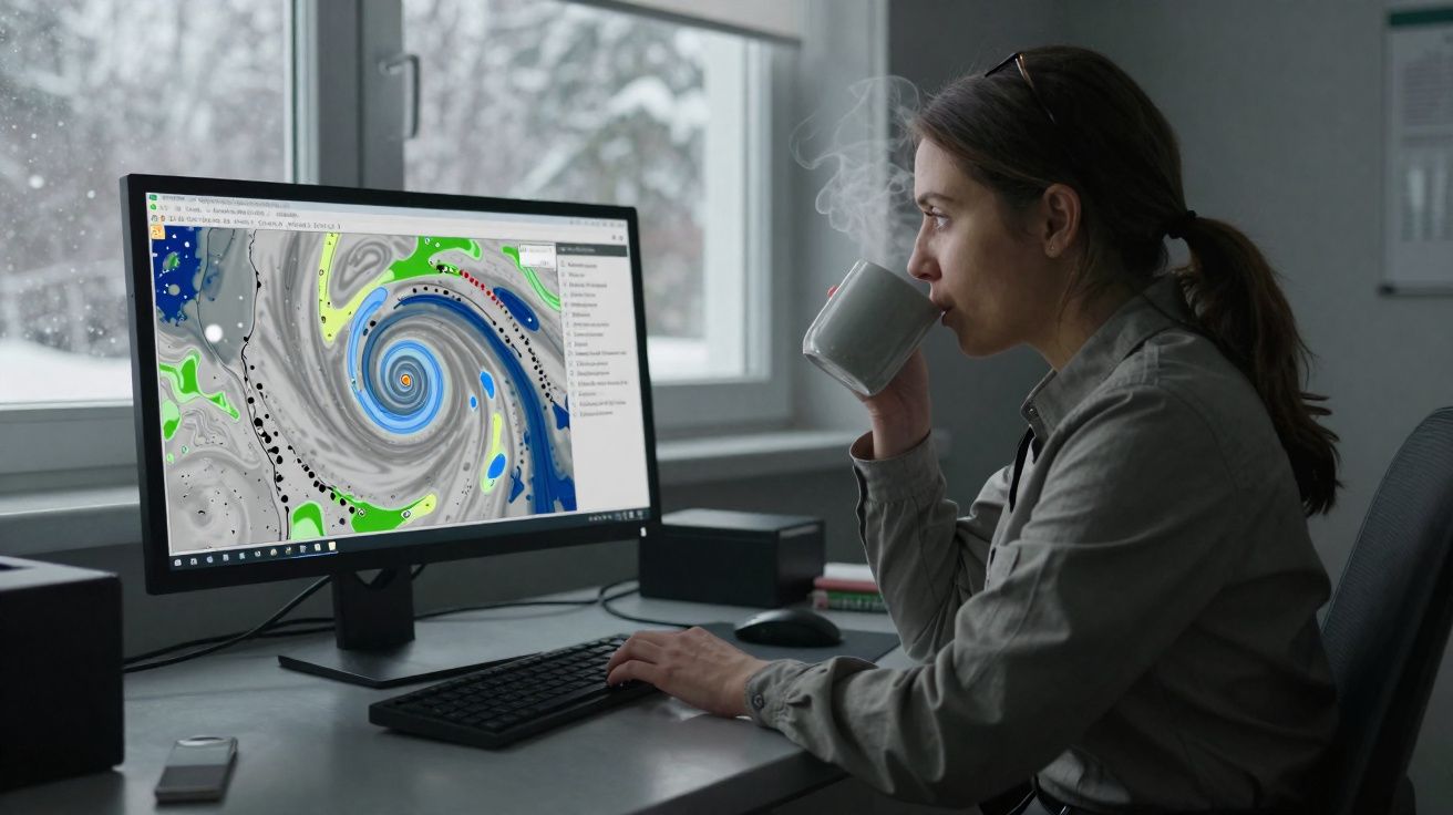 Mulher a beber café enquanto olha para modelo meteorológico num computador, com janela e neve ao fundo.