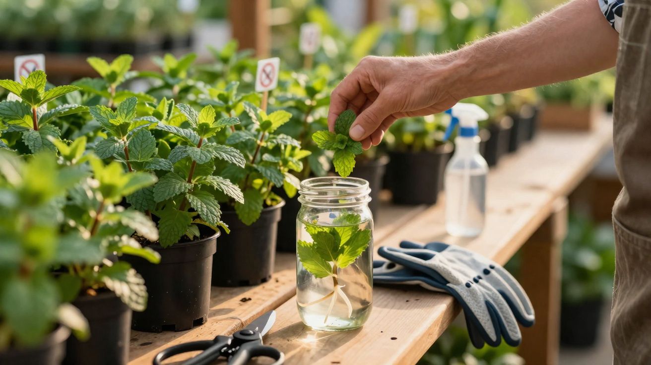 Mão a colocar planta numa jarra com água, junto de vasos de plantas e ferramentas de jardinagem numa mesa de madeira.