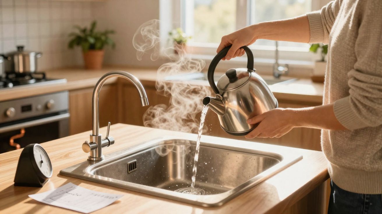 Pessoa a verter água quente fumegante de um bule metálico numa cozinha iluminada natural.