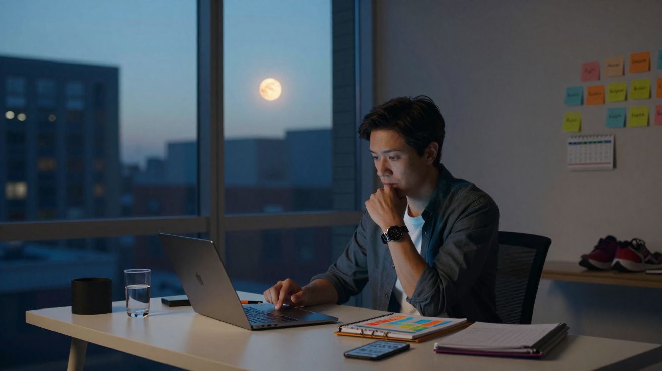 Homem a trabalhar num computador portátil num escritório à noite, com a lua visível pela janela.