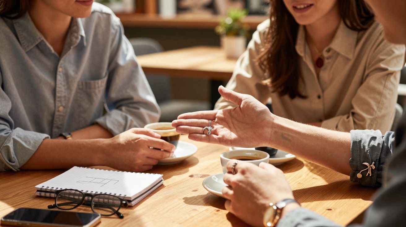 Três pessoas sentadas à mesa com café, caderno, óculos e telemóvel, numa conversa descontraída.
