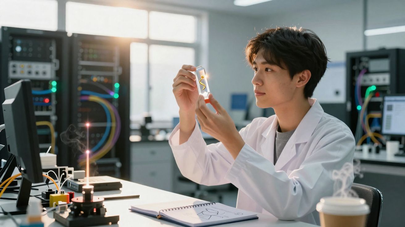 Jovem cientista em laboratório, segurando lâmina de vidro com circuito eletrônico à luz do dia.