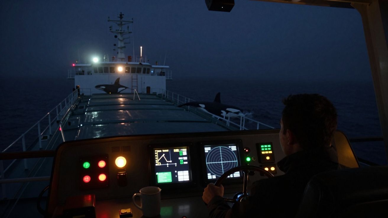 Pessoa a comandar navio à noite com duas orcas ao lado do casco no mar calmo.
