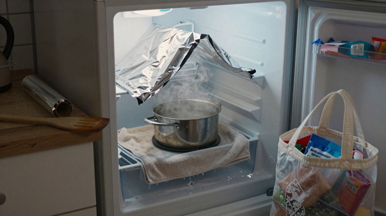 Panela a ferver dentro de um congelador aberto, com papel de alumínio e toalha cobrindo o interior.