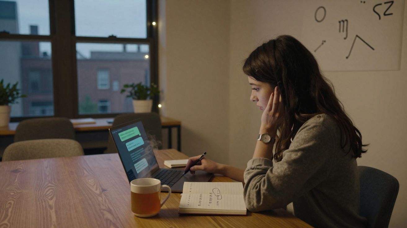 Mulher jovem a estudar em casa à noite com portátil, caderno e chá quente numa mesa de madeira.