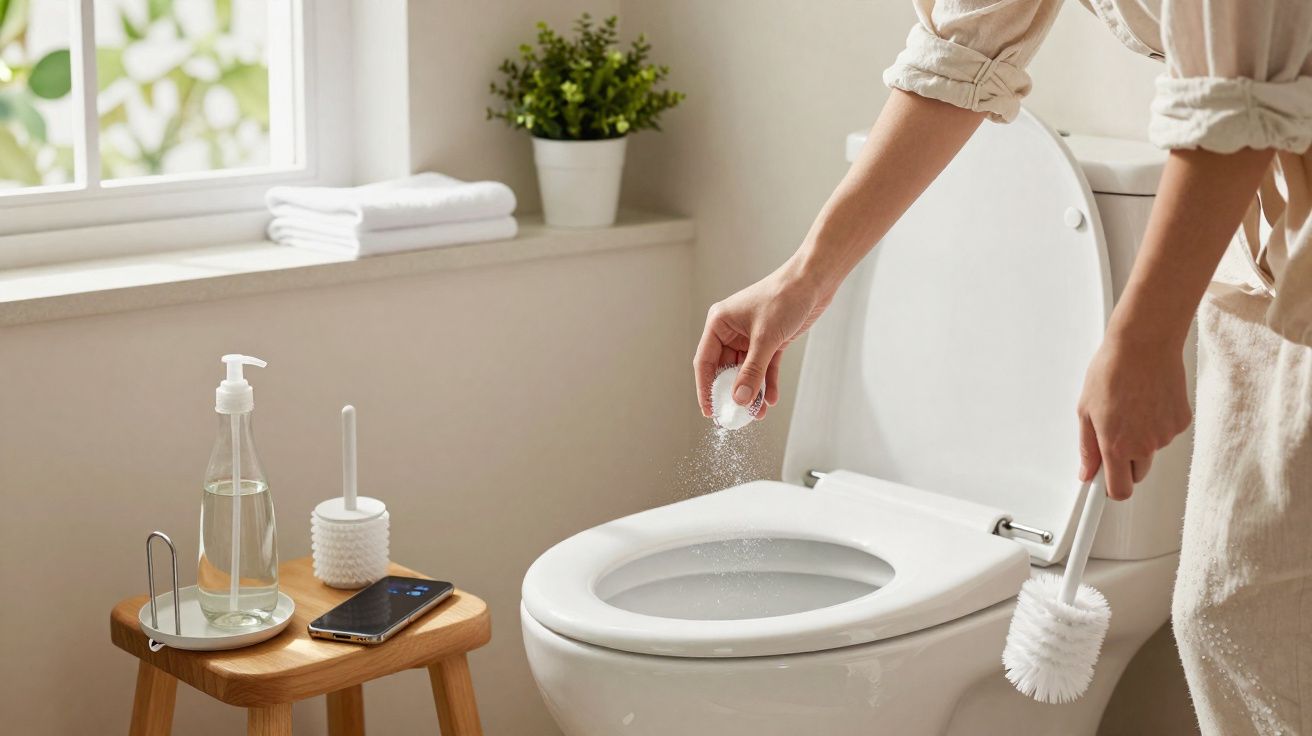 Pessoa a aplicar produto de limpeza a sanita branca numa casa de banho iluminada natural.