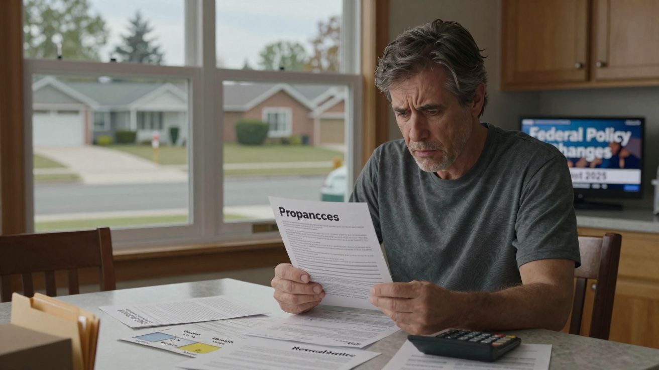 Homem sentado à mesa a ler documento com expressão preocupada numa cozinha iluminada.