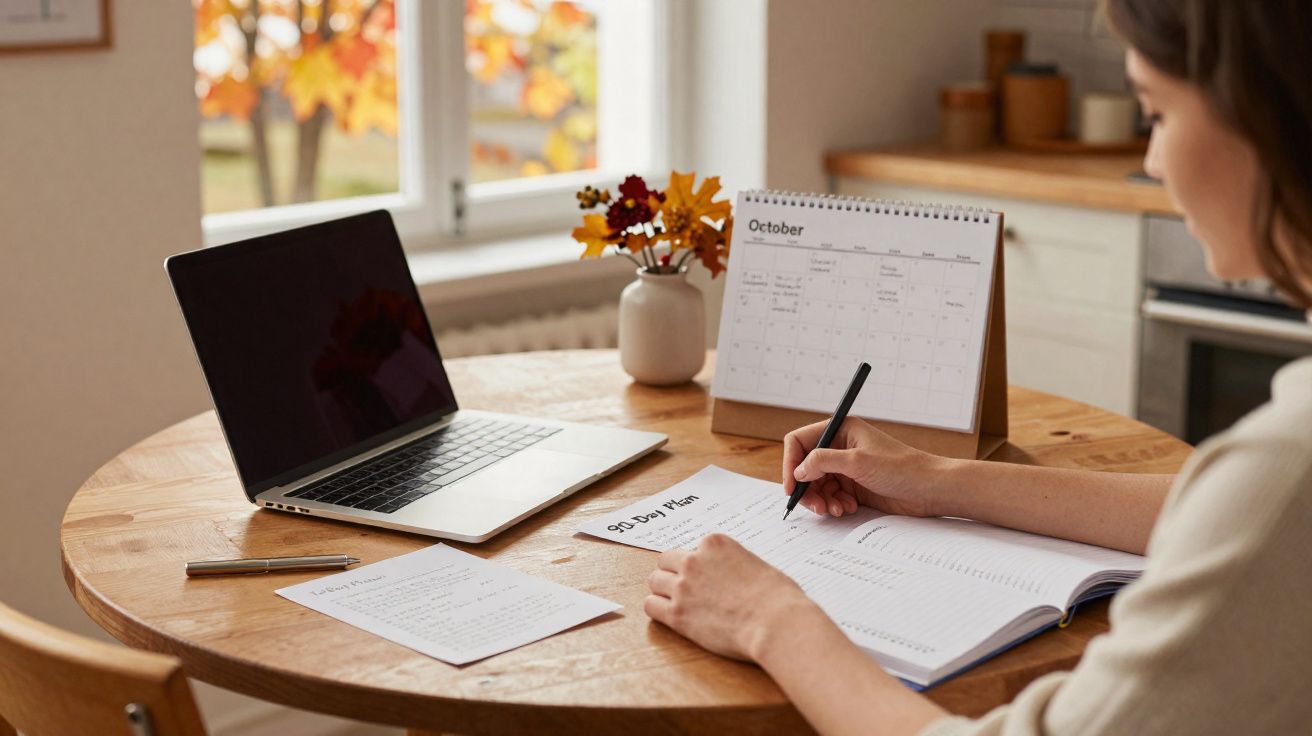 Pessoa a escrever num caderno à mesa com computador portátil, calendário e flores em jarro ao fundo.
