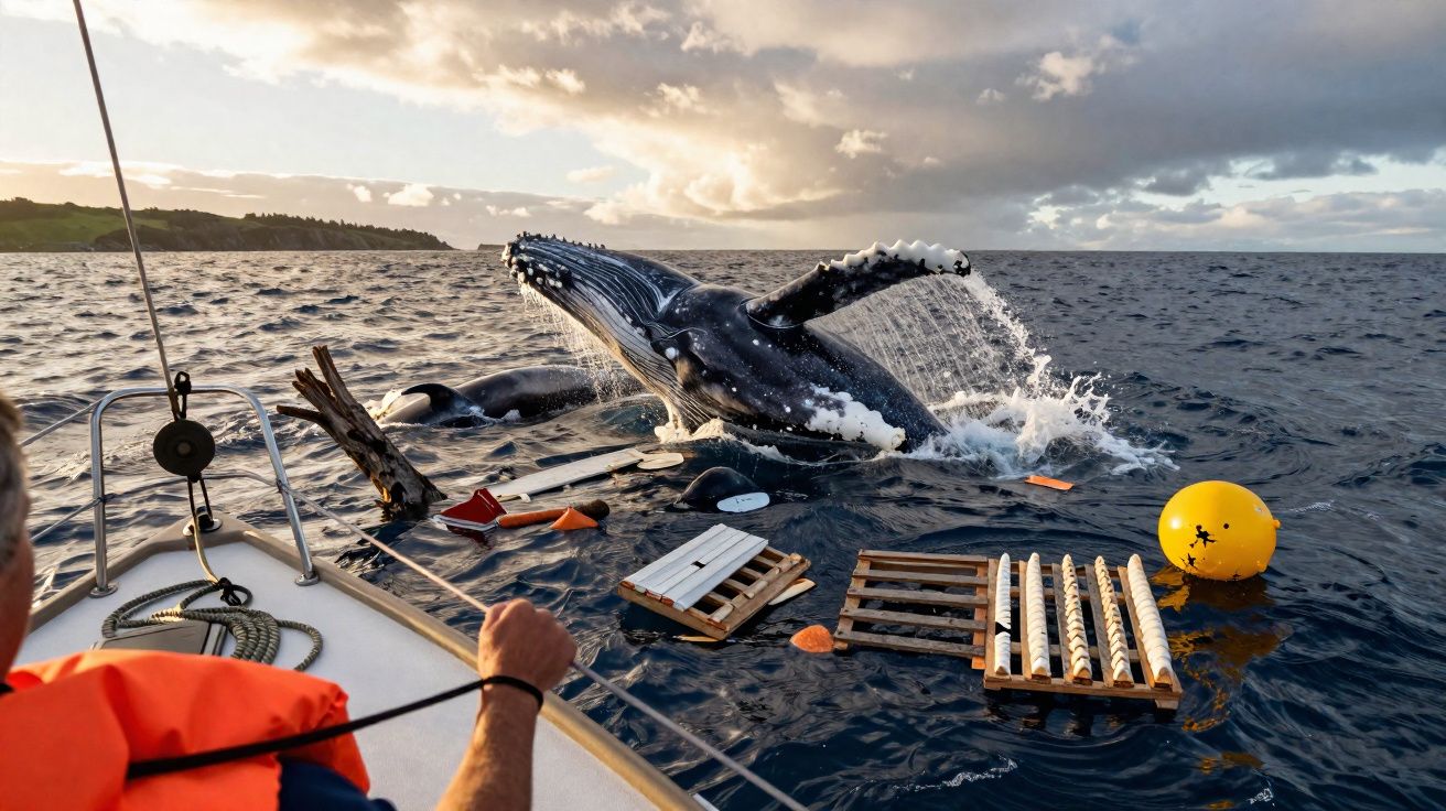 Baleia jubarte salta perto de um barco com pessoa a bordo, numa manhã nublada no mar aberto.