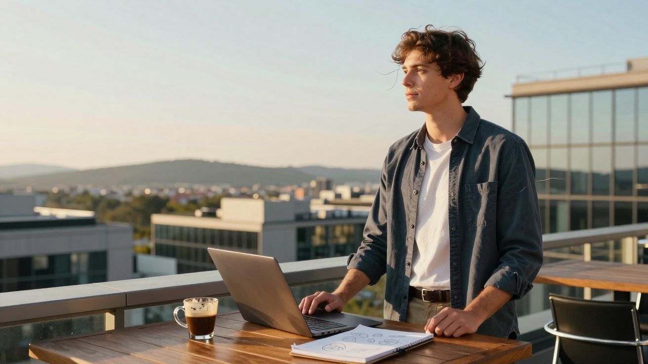 Jovem a trabalhar com computador portátil numa esplanada com vista para edifícios ao pôr do sol.