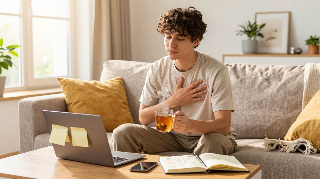 Jovem sentado no sofá com chá, mão no peito, laptop e caderno à frente numa sala iluminada.