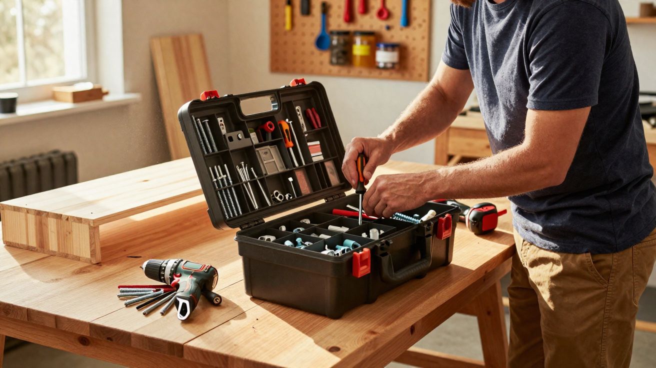 Homem a organizar ferramentas numa caixa preta numa oficina com bancada de madeira.