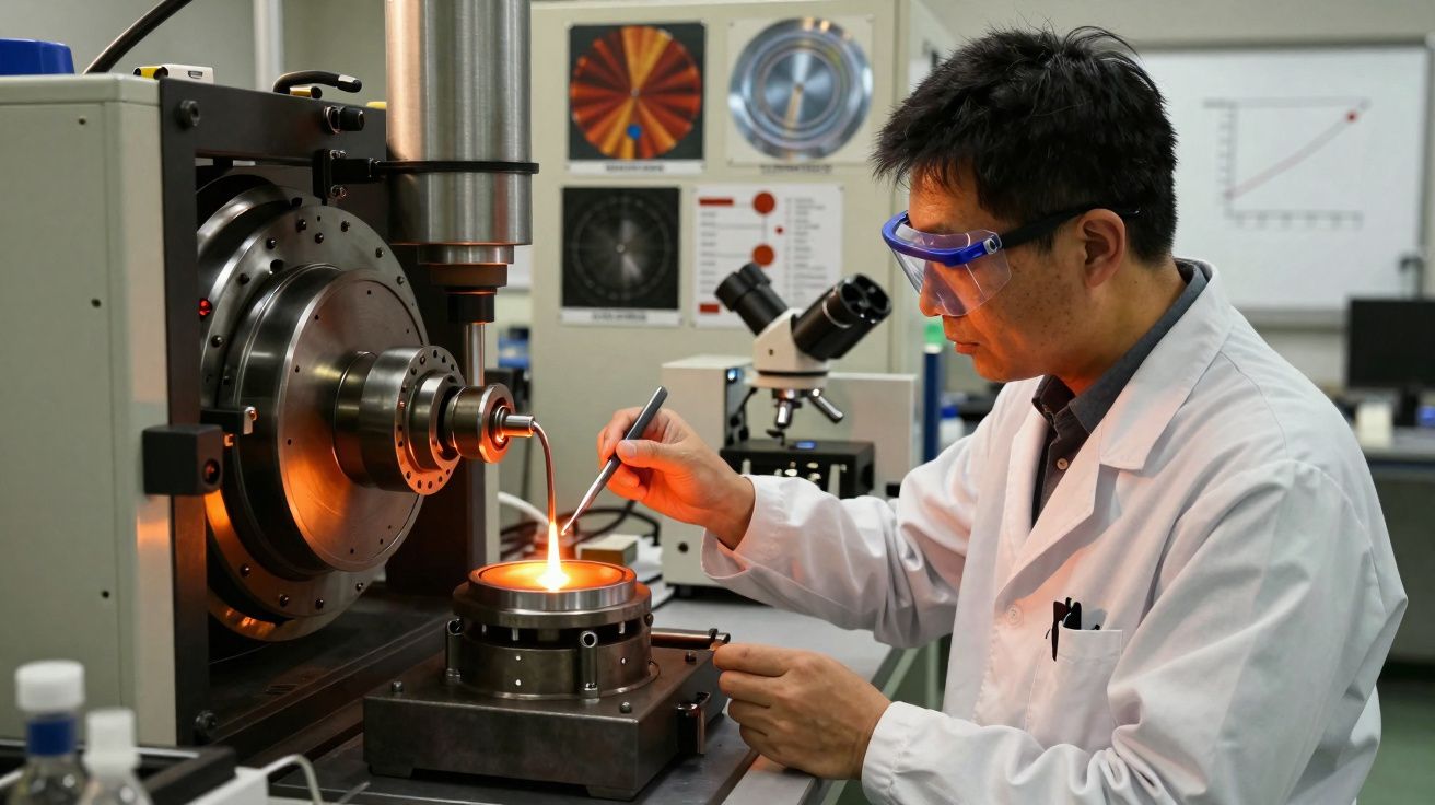 Cientista asiático com bata e óculos de proteção manipula amostra incandescente em laboratório tecnológico moderno.