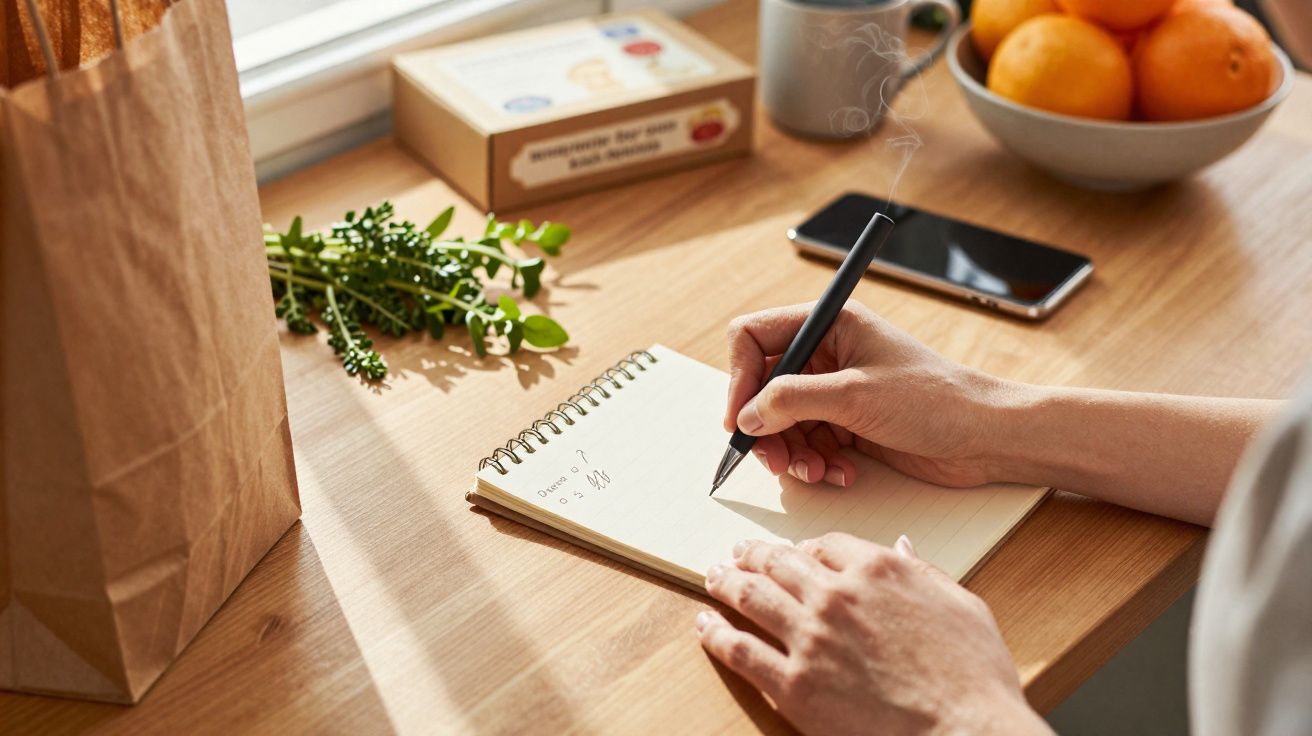 Pessoa a escrever numa agenda numa mesa de madeira com telemóvel, caneca, frutos e saco de papel.