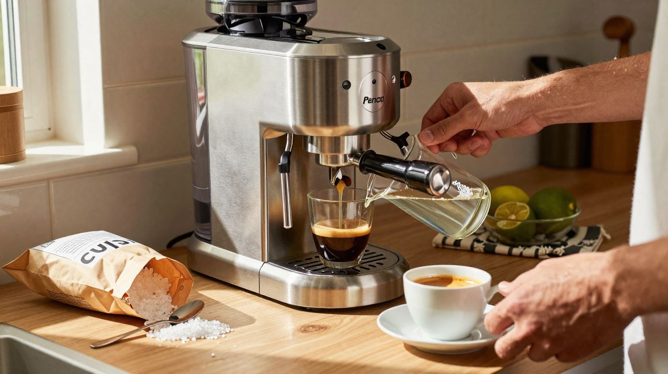 Máquina de café em inox a preparar espresso, com mão a verter água quente e copo com café em cima da bancada.