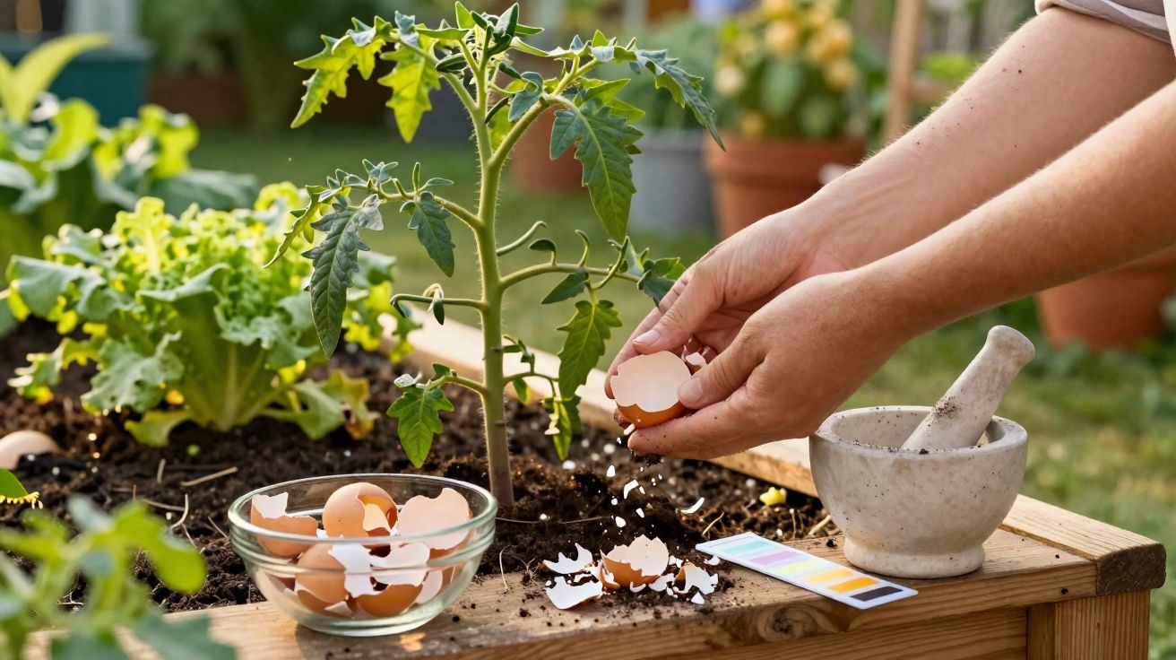 Mãos a esmagar casca de ovo num vaso com planta, com almofariz e tiras de teste de pH ao lado.