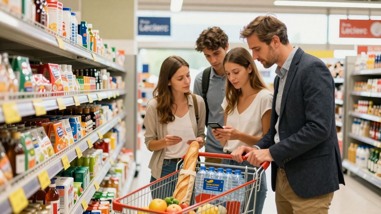 Grupo de jovens a fazer compras no supermercado com carrinho cheio de alimentos variados.