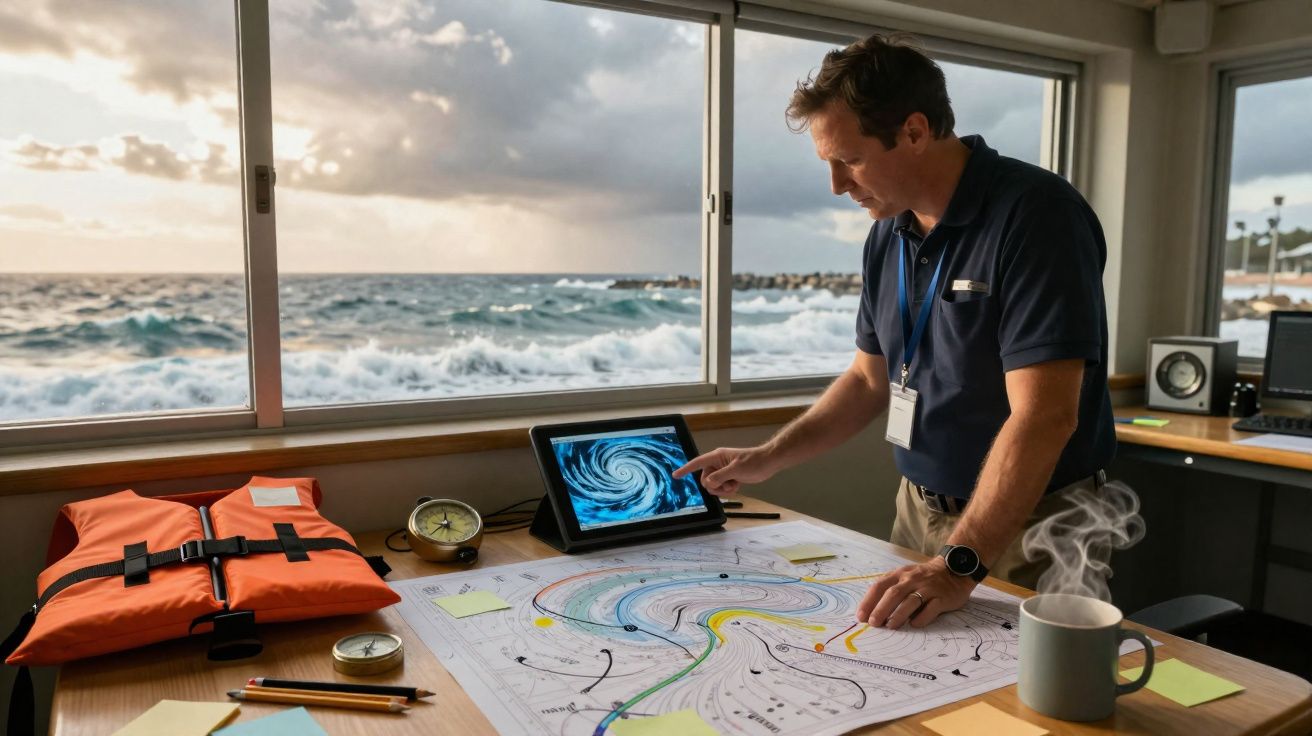 Homem analisa mapa meteorológico com tablet numa sala com vista para o mar agitado ao pôr do sol.