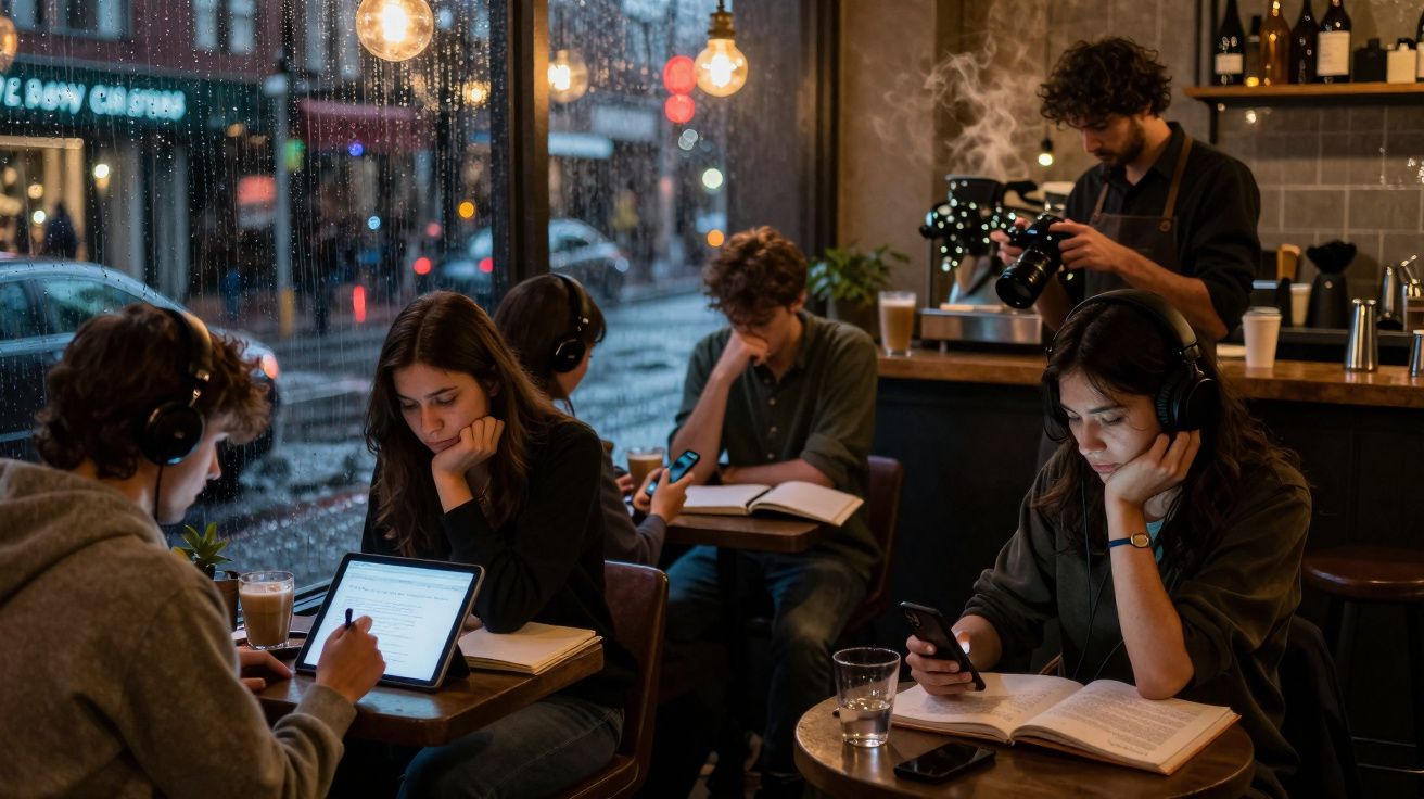 Pessoas jovens a estudar e usar dispositivos eletrónicos numa cafetaria com luz ambiente e janela chuvosa.