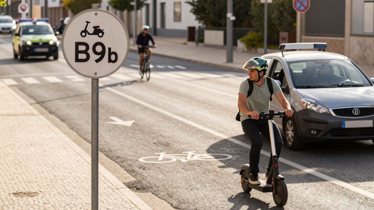 Homem com capacete conduz trotinete elétrica na ciclovia de rua urbana perto de sinal B9b para trotinetes.